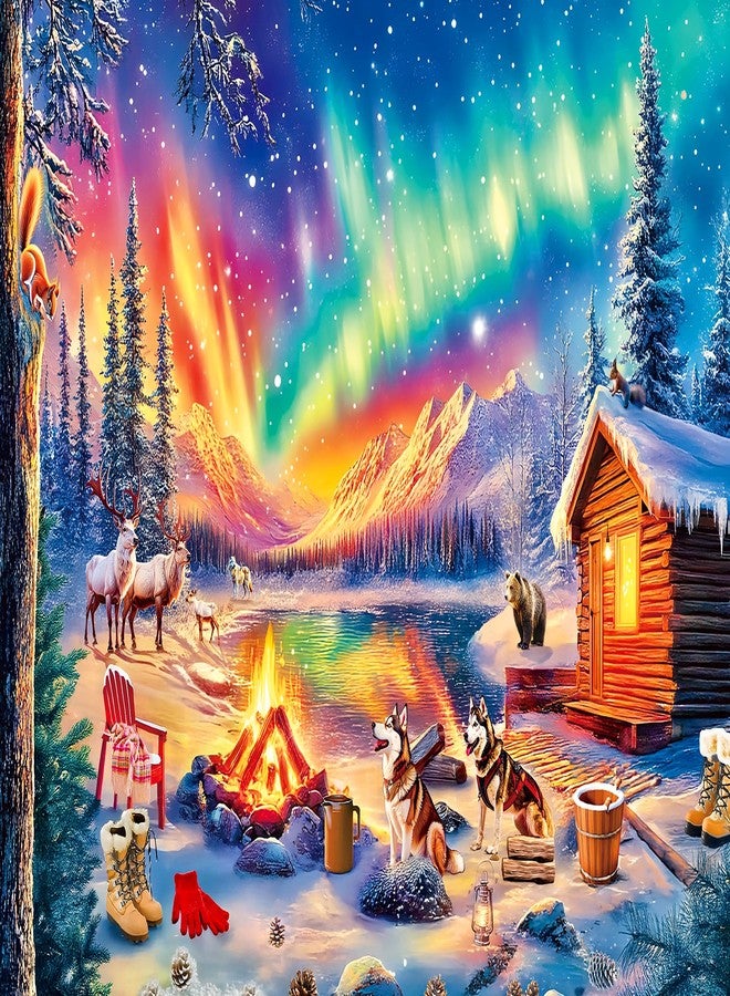 Mulic 300 Piece Puzzles for Adults Large Piece - Jigsaw Puzzles for Kids Seniors - Campfire Under The Northern Lights - Image 1